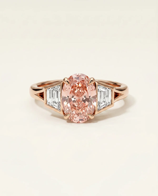 3 Carat Fancy Vivid Pink Lab Grown Diamond Engagement Ring · Oval Cut Three-Stone with Tapered Trapezoid Sides