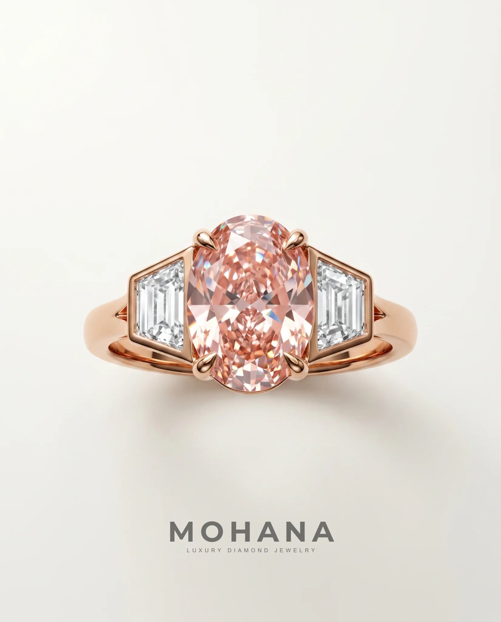 Ready to Ship 3 Carat Fancy Vivid Pink Oval Three-Stone Rose Gold Diamond Ring — view 4