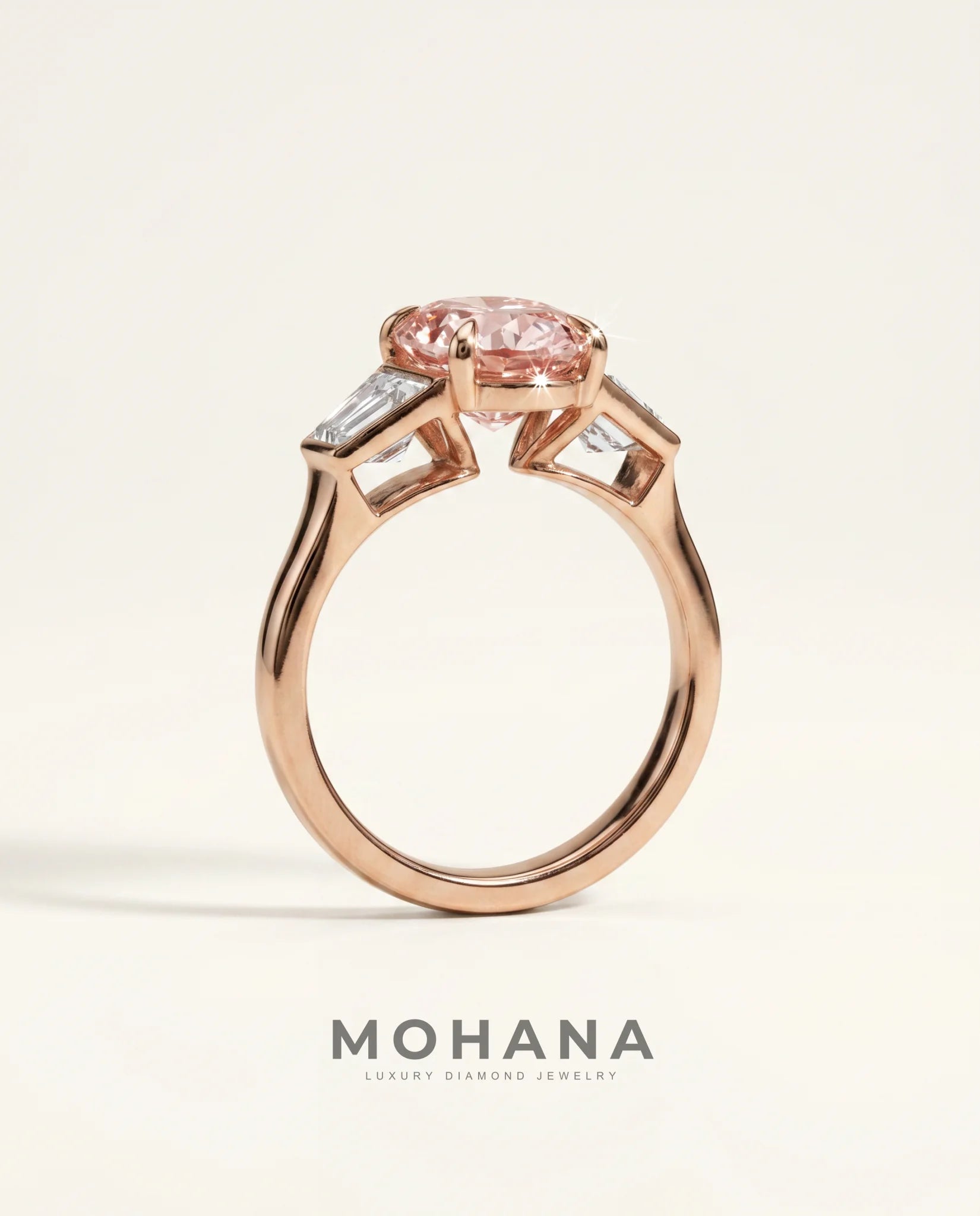 Ready to Ship 3 Carat Fancy Vivid Pink Oval Three-Stone Rose Gold Diamond Ring — view 5