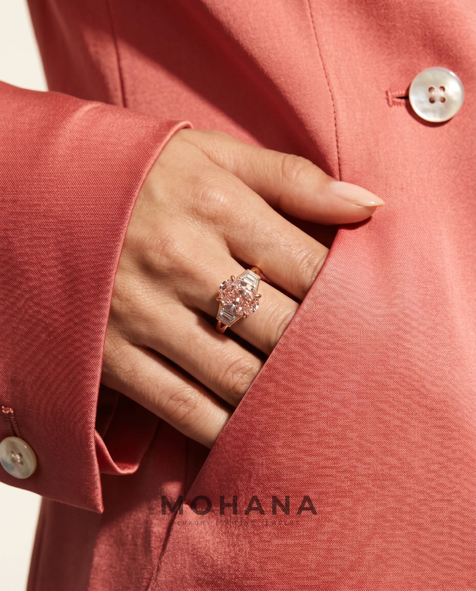 Ready to Ship 3 Carat Fancy Vivid Pink Oval Three-Stone Rose Gold Diamond Ring — view 13