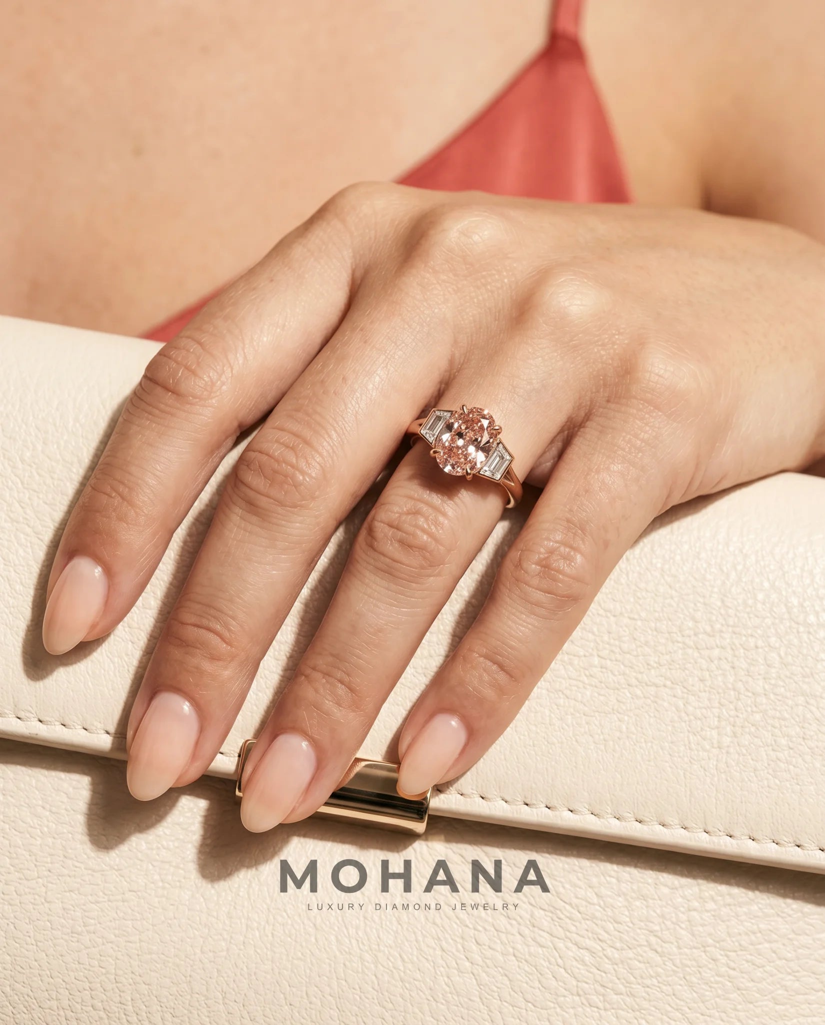 Ready to Ship 3 Carat Fancy Vivid Pink Oval Three-Stone Rose Gold Diamond Ring — view 15