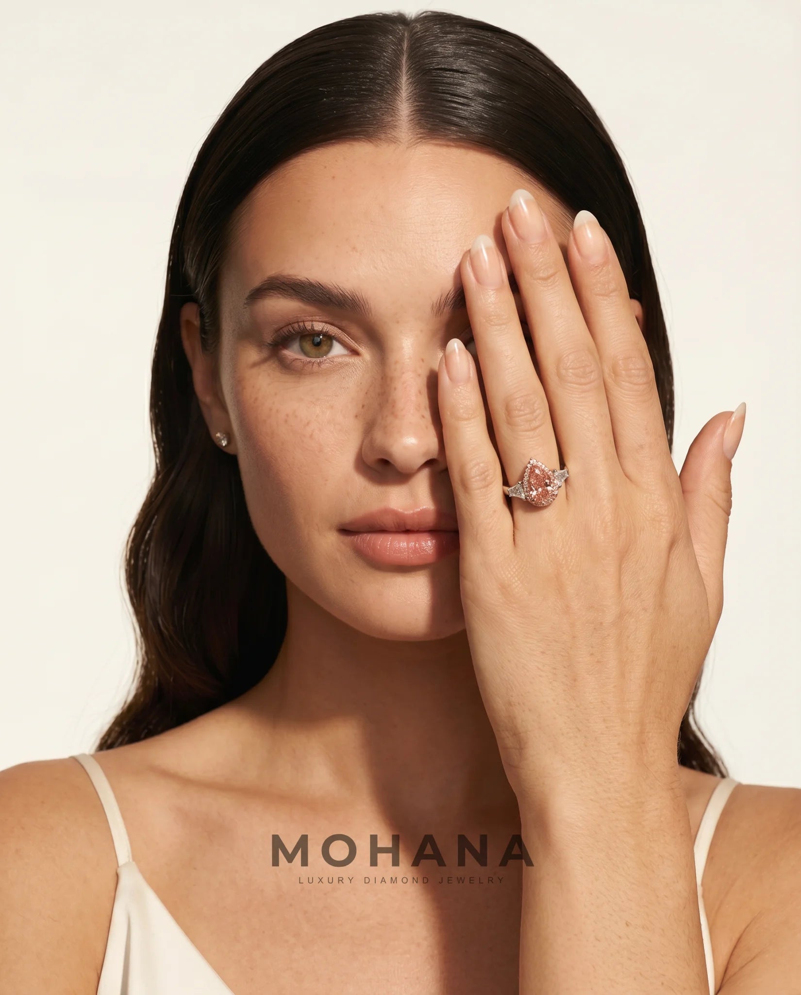 Ready to Ship 3 Carat Fancy Vivid Pink Pear Pink-Halo Three-Stone Diamond Ring — view 6