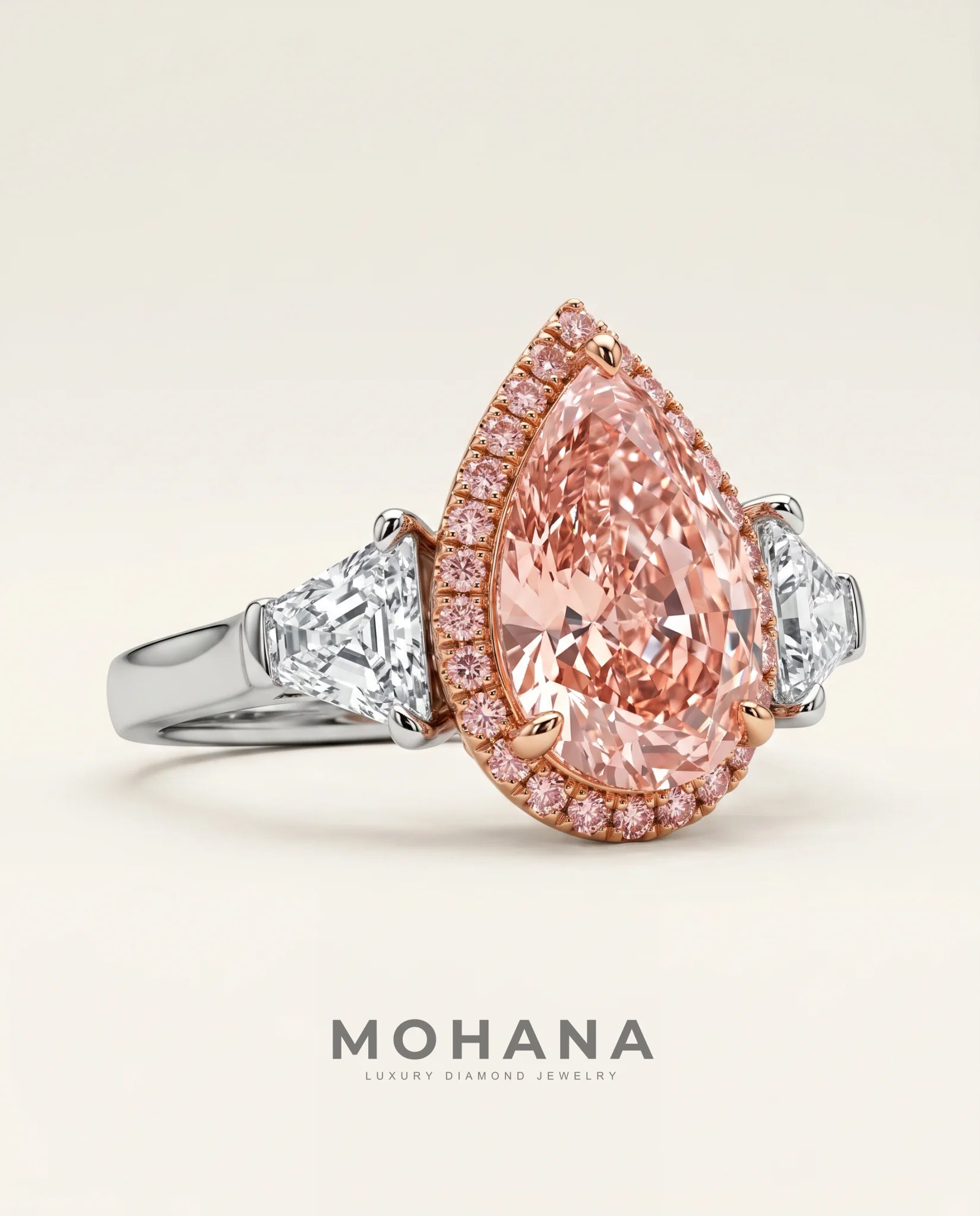 Ready to Ship 3 Carat Fancy Vivid Pink Pear Pink-Halo Three-Stone Diamond Ring — view 1