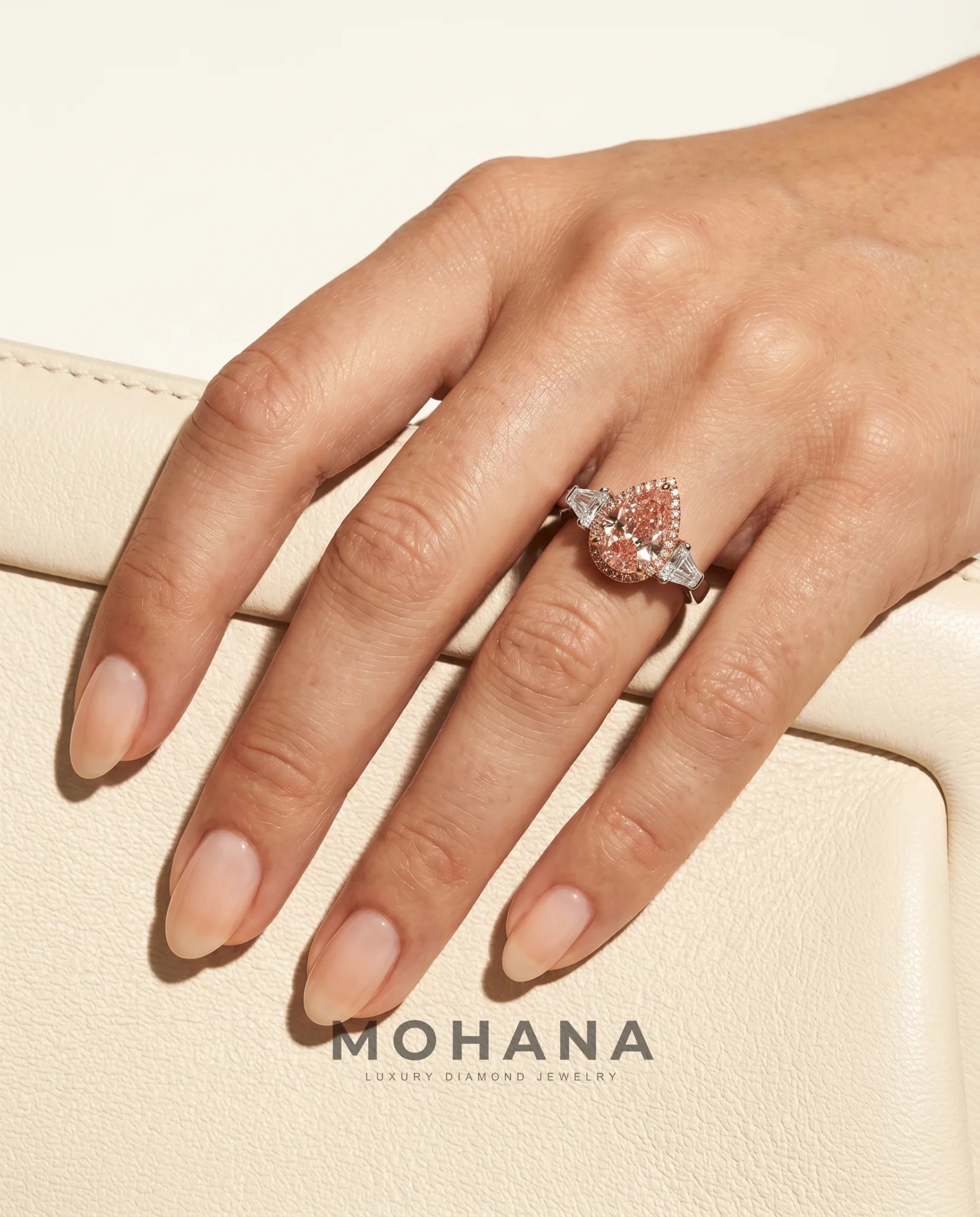 Ready to Ship 3 Carat Fancy Vivid Pink Pear Pink-Halo Three-Stone Diamond Ring — view 14