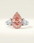 Ready to Ship 3 Carat Fancy Vivid Pink Pear Pink-Halo Three-Stone Diamond Ring — view 2