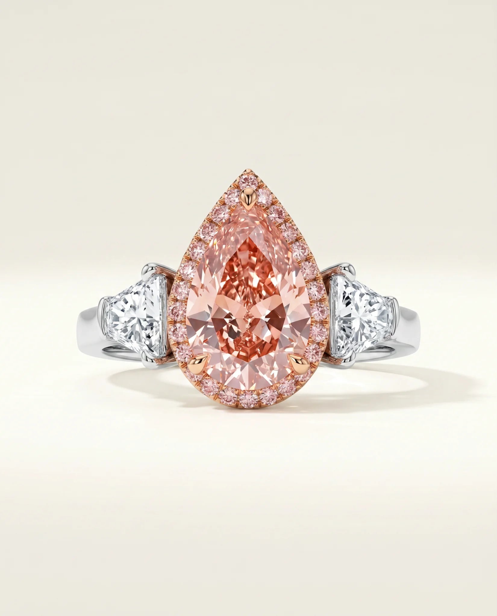 Ready to Ship 3 Carat Fancy Vivid Pink Pear Pink-Halo Three-Stone Diamond Ring — view 2