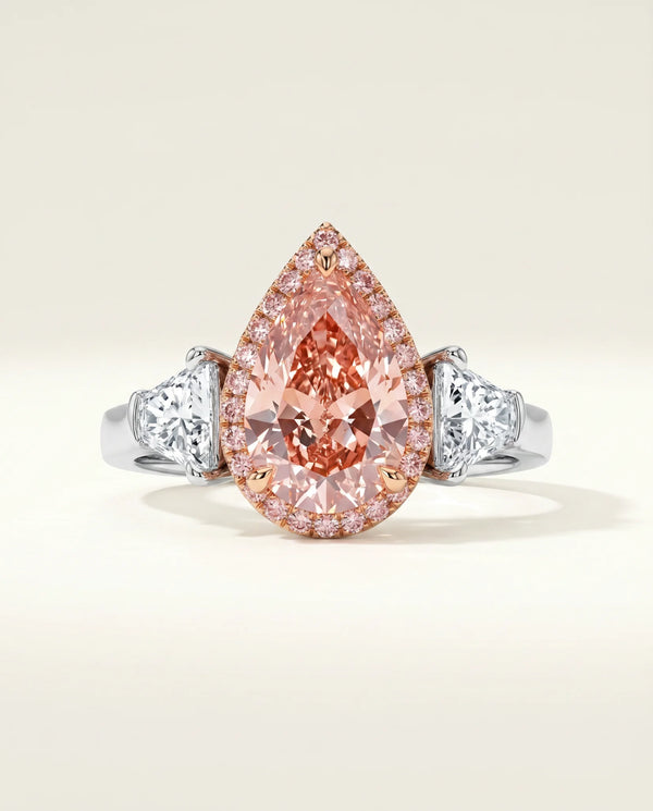 3 Carat Fancy Vivid Pink Lab Grown Diamond Engagement Ring · Pear Cut Pink Halo Three-Stone