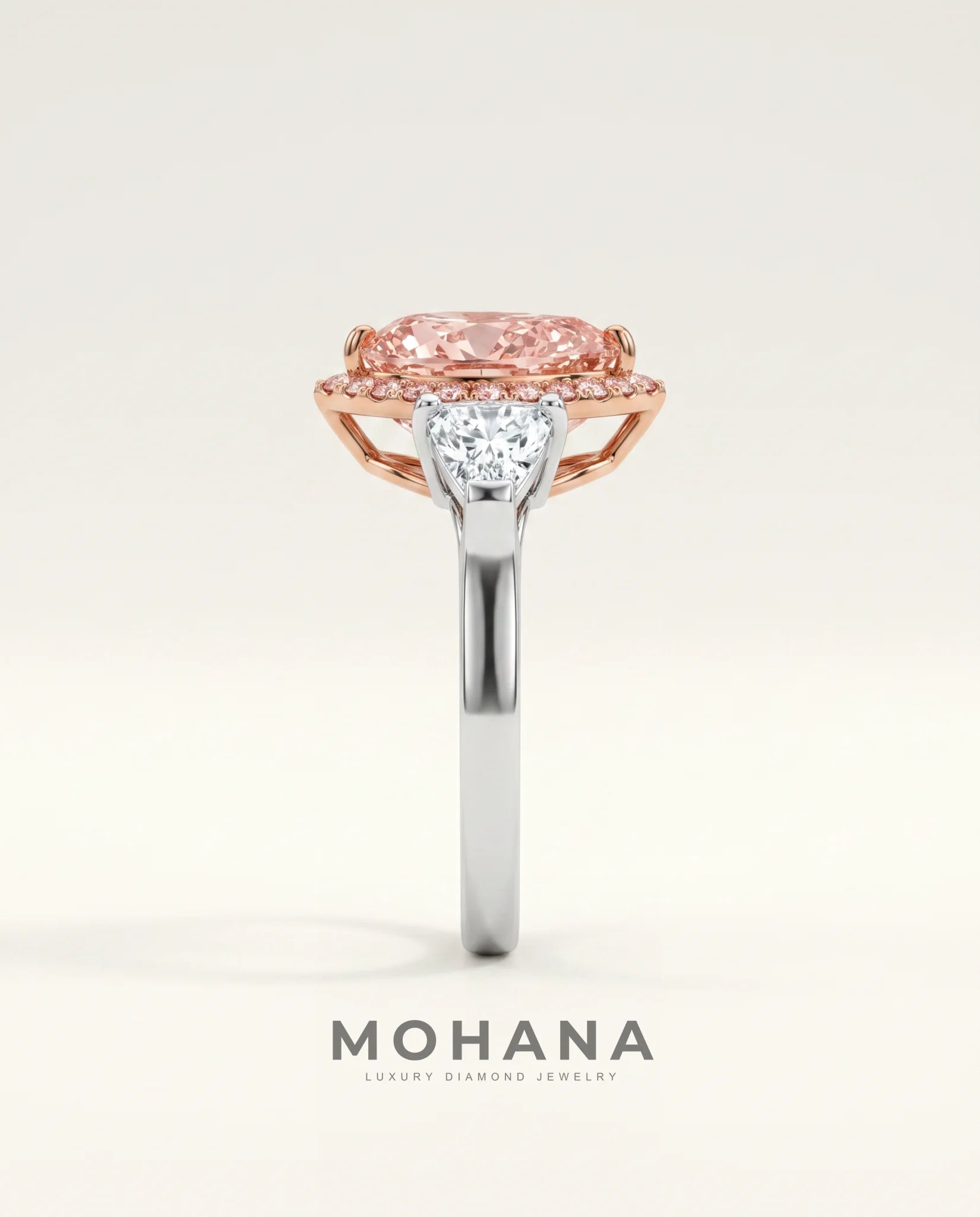 Ready to Ship 3 Carat Fancy Vivid Pink Pear Pink-Halo Three-Stone Diamond Ring — view 4