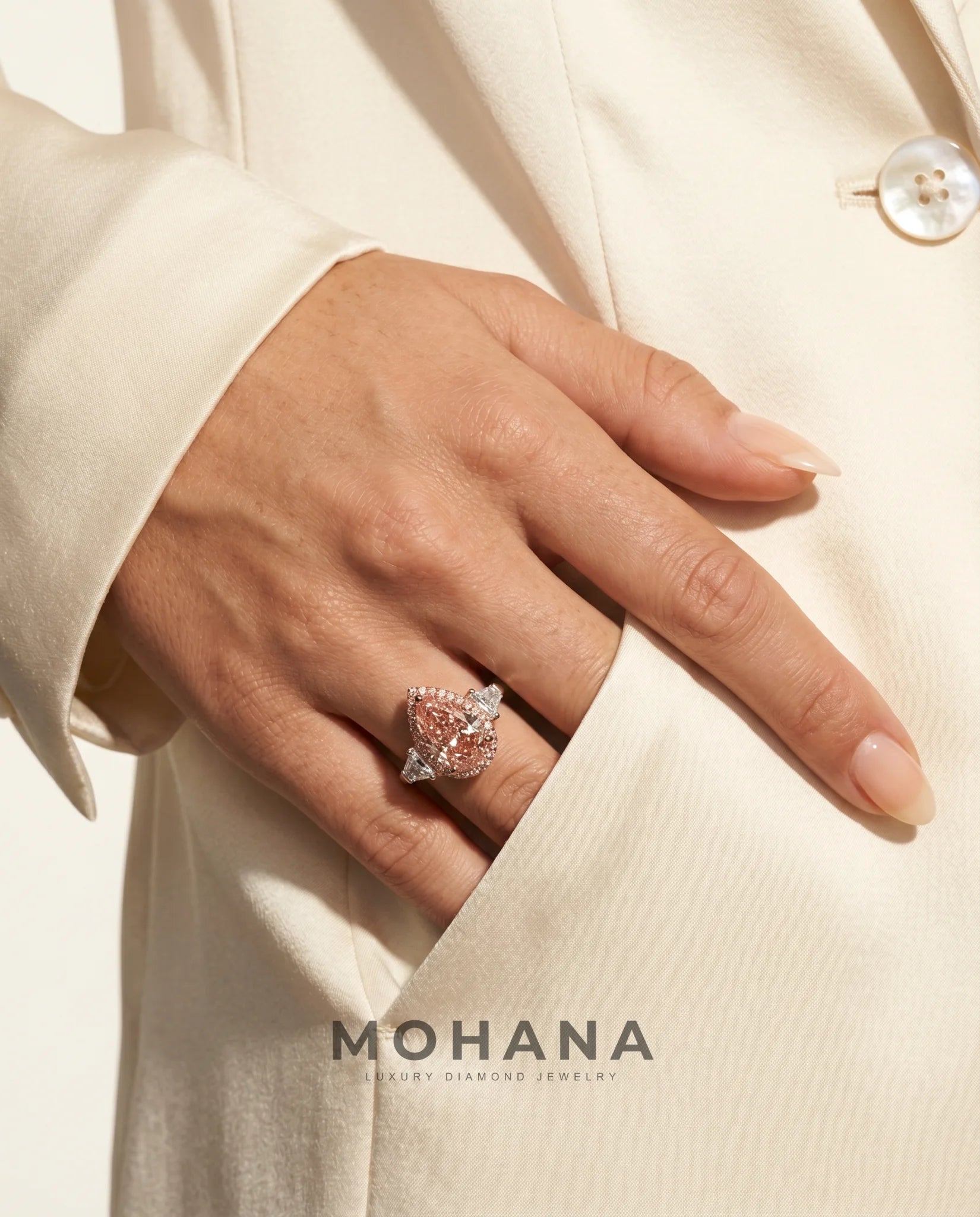 Ready to Ship 3 Carat Fancy Vivid Pink Pear Pink-Halo Three-Stone Diamond Ring — view 13