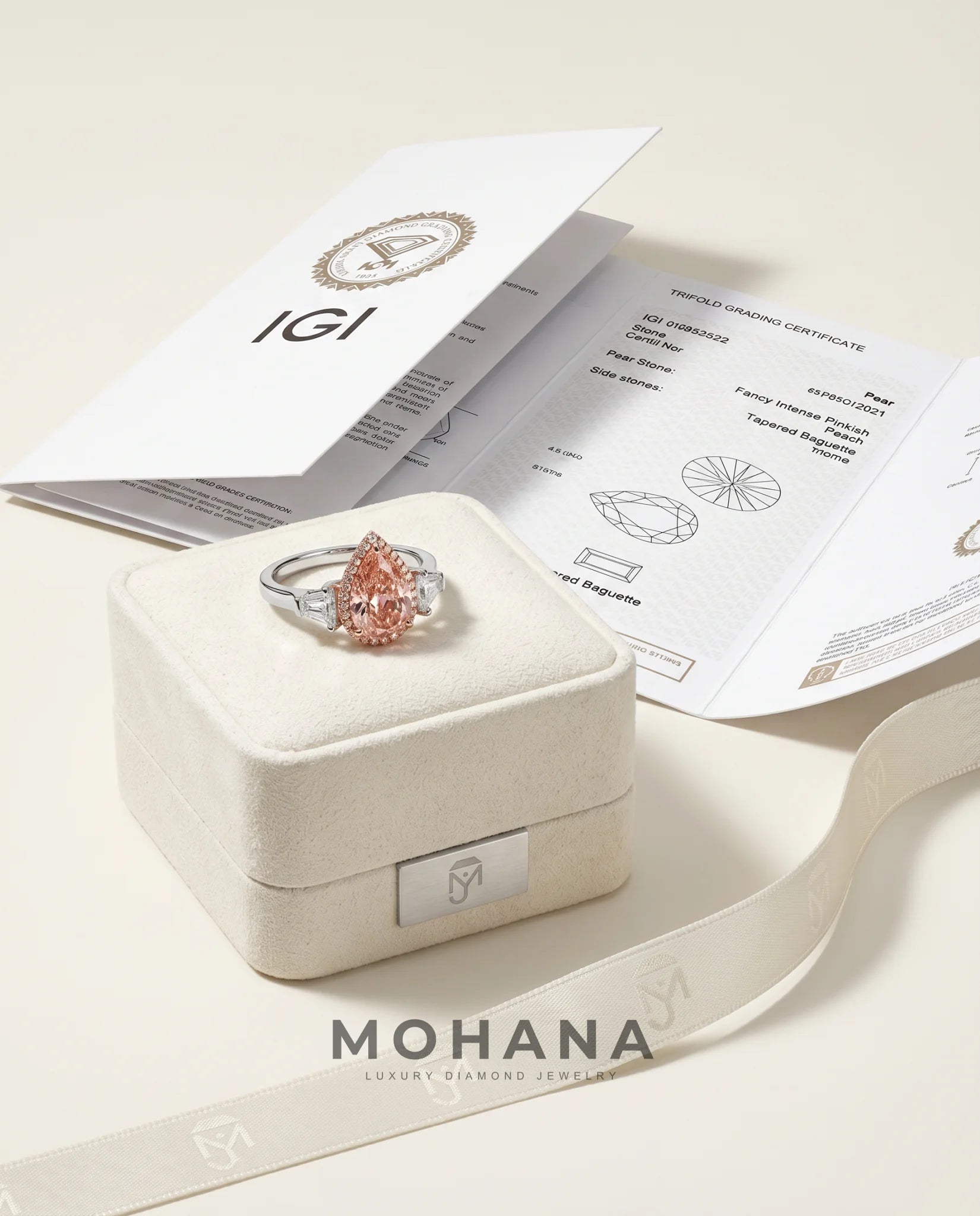 Ready to Ship 3 Carat Fancy Vivid Pink Pear Pink-Halo Three-Stone Diamond Ring — view 5