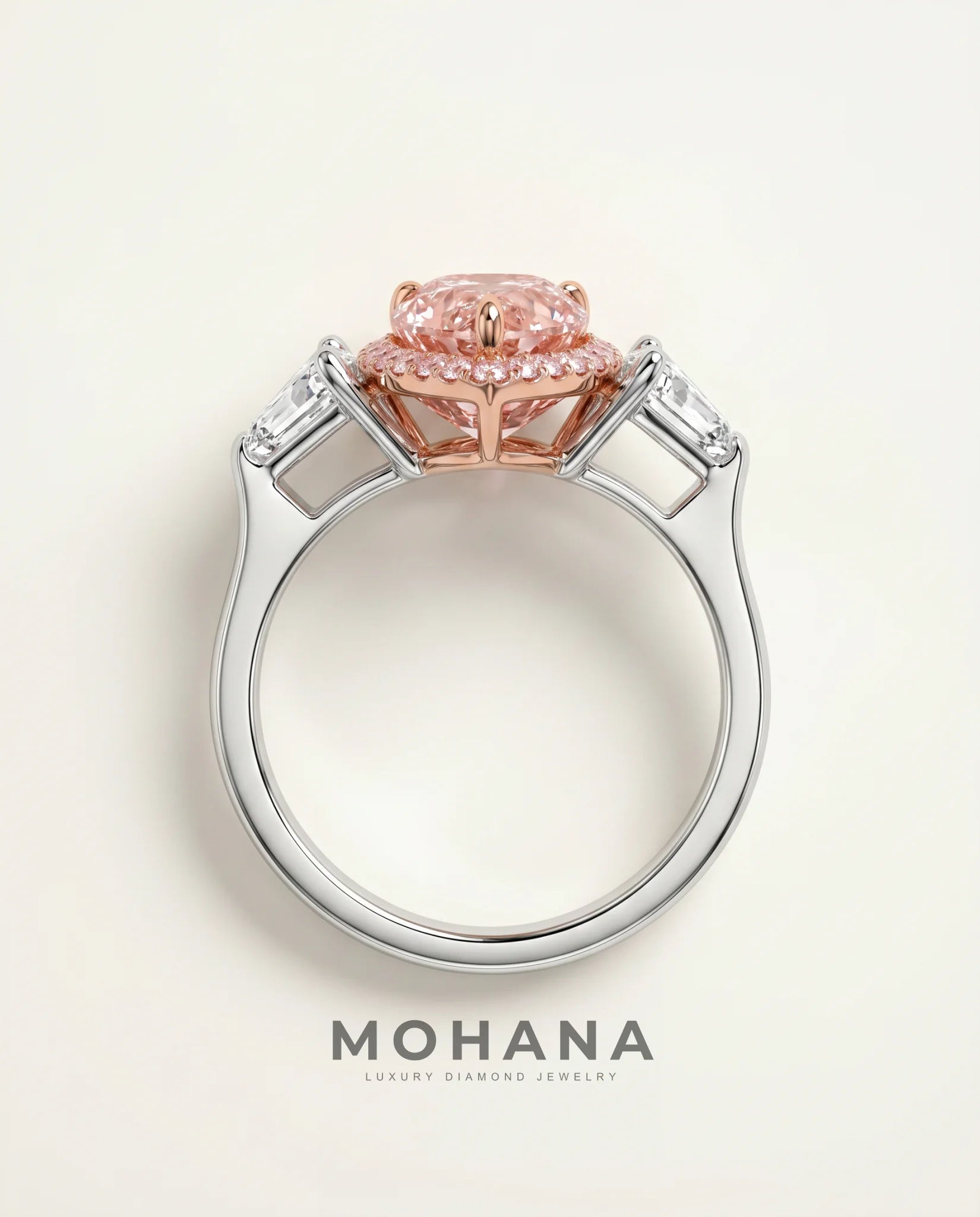 Ready to Ship 3 Carat Fancy Vivid Pink Pear Pink-Halo Three-Stone Diamond Ring — view 3