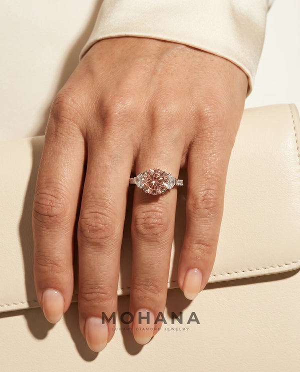 3 Carat Fancy Vivid Pink Lab Grown Diamond Engagement Ring · Round Cut Three-Stone with Pavé alternate view