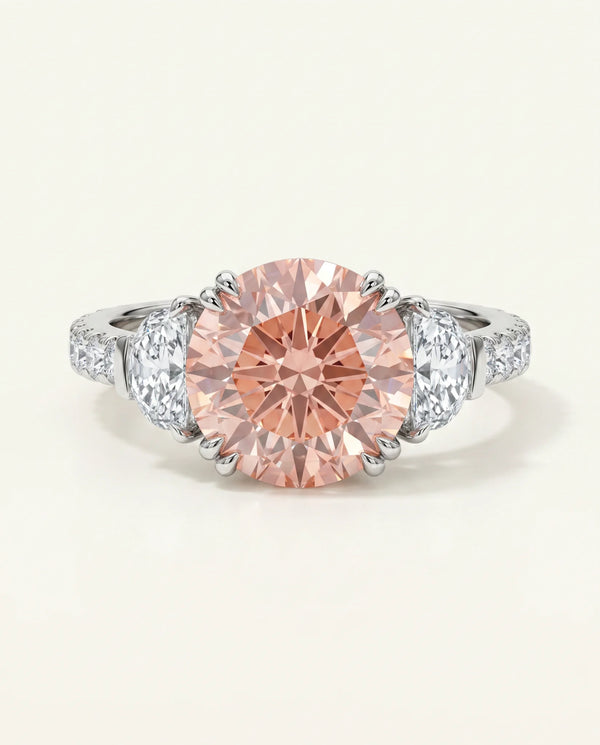 3 Carat Fancy Vivid Pink Lab Grown Diamond Engagement Ring · Round Cut Three-Stone with Pavé