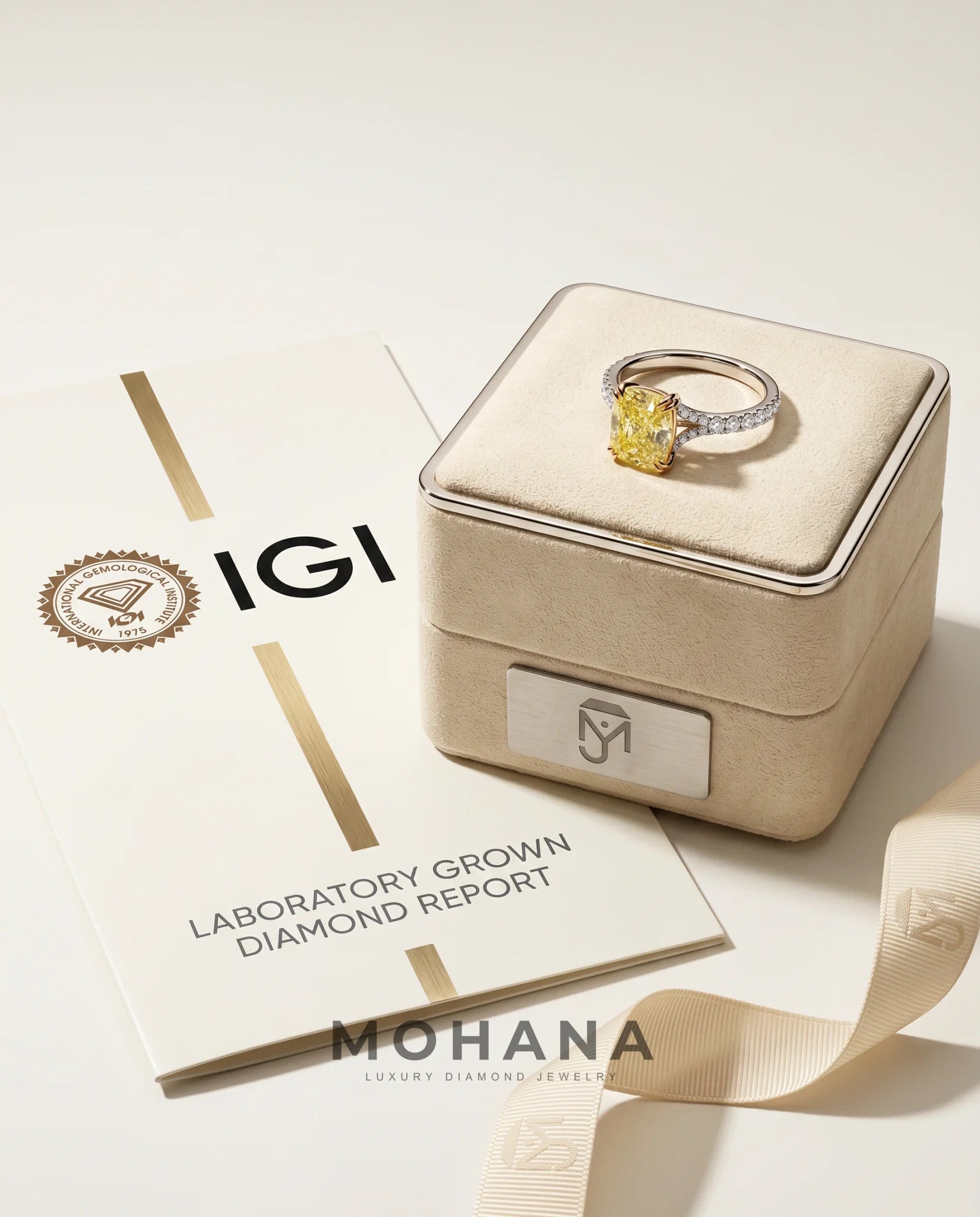 Ready to Ship 3 Carat Fancy Vivid Yellow Cushion Cut Two-Tone Pavé Diamond Ring — view 5