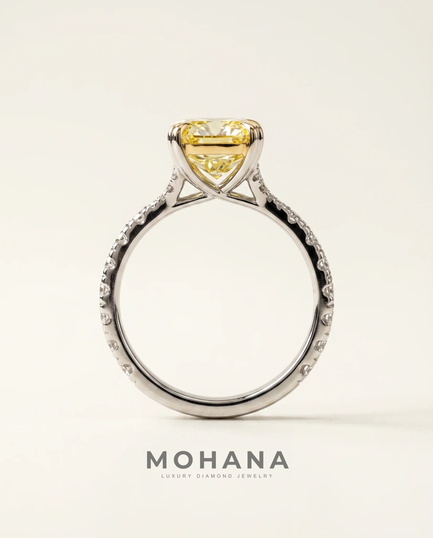 Ready to Ship 3 Carat Fancy Vivid Yellow Cushion Cut Two-Tone Pavé Diamond Ring — view 2