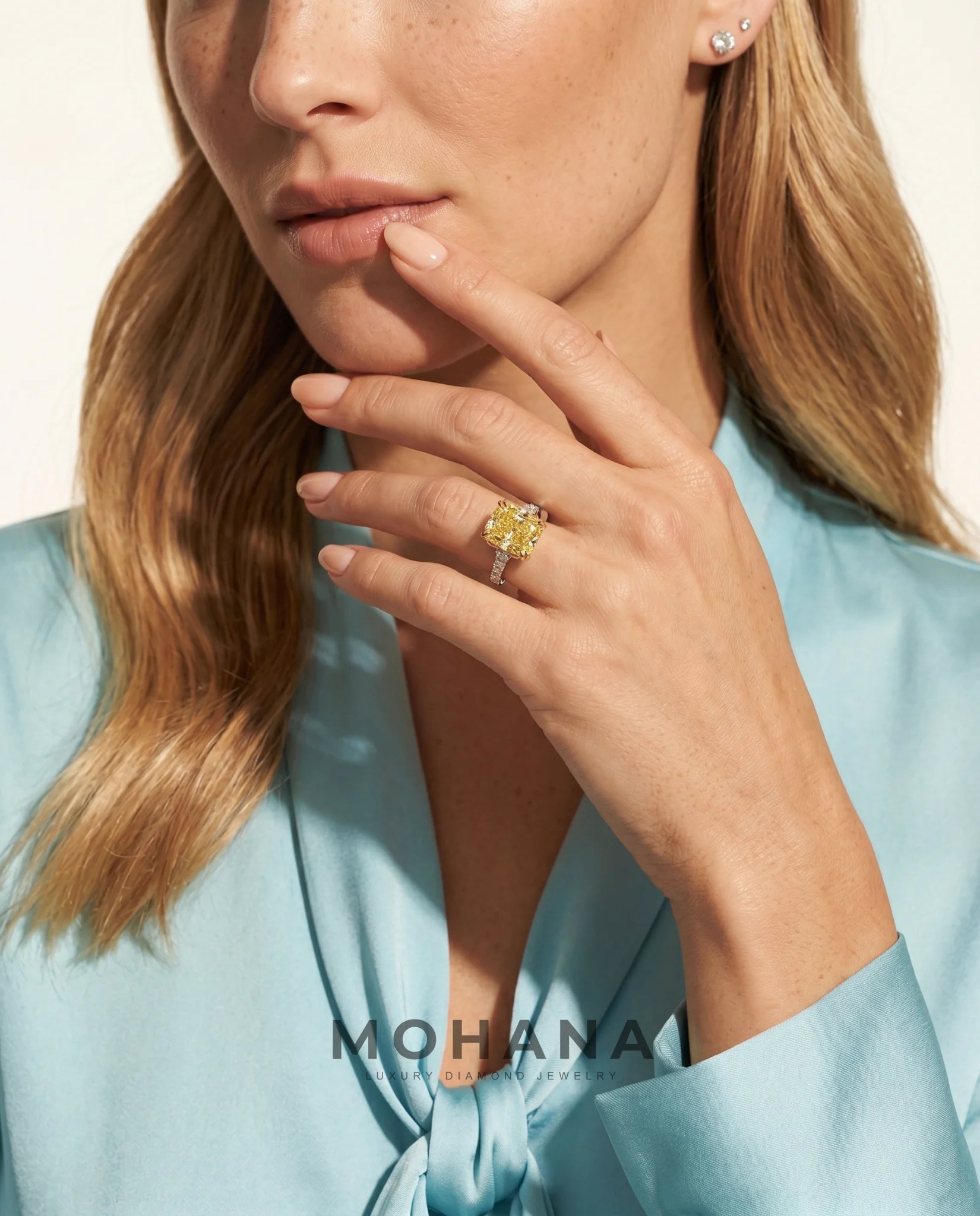 Ready to Ship 3 Carat Fancy Vivid Yellow Cushion Cut Two-Tone Pavé Diamond Ring — view 9
