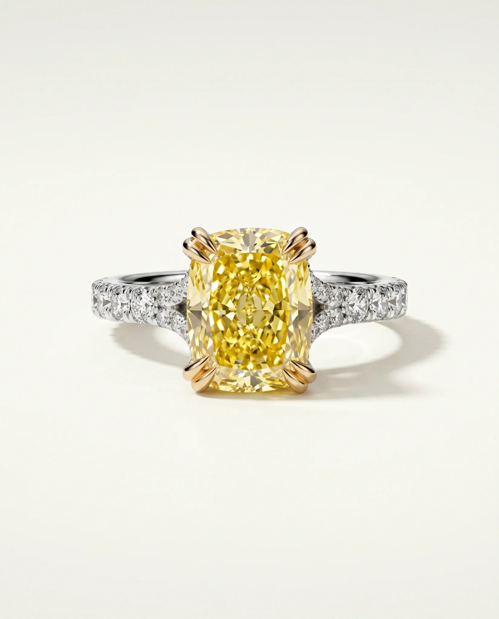 Ready to Ship 3 Carat Fancy Vivid Yellow Cushion Cut Two-Tone Pavé Diamond Ring — view 4