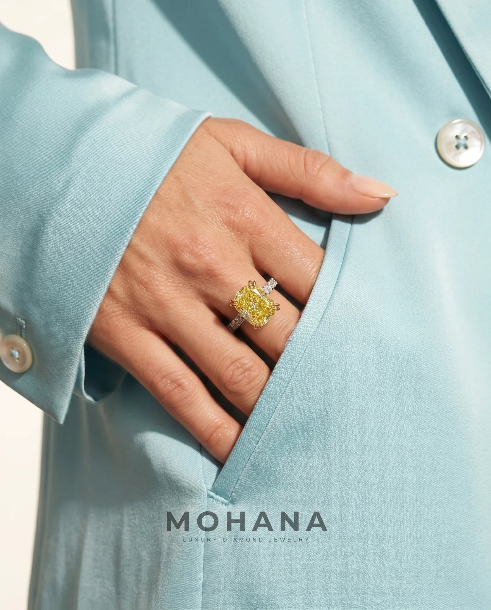 Ready to Ship 3 Carat Fancy Vivid Yellow Cushion Cut Two-Tone Pavé Diamond Ring — view 12