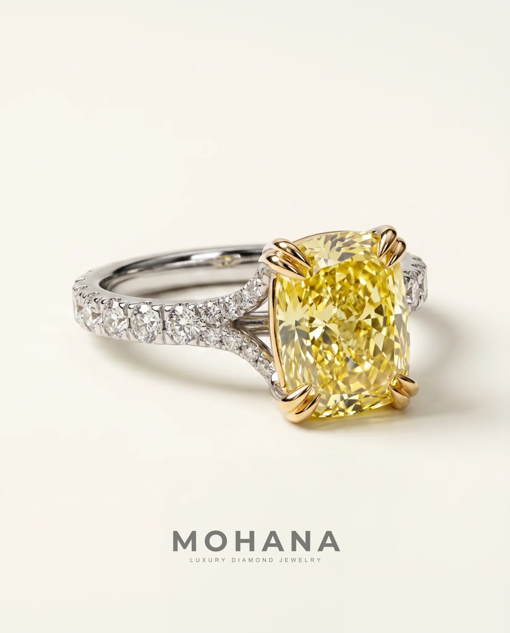 Ready to Ship 3 Carat Fancy Vivid Yellow Cushion Cut Two-Tone Pavé Diamond Ring — view 3