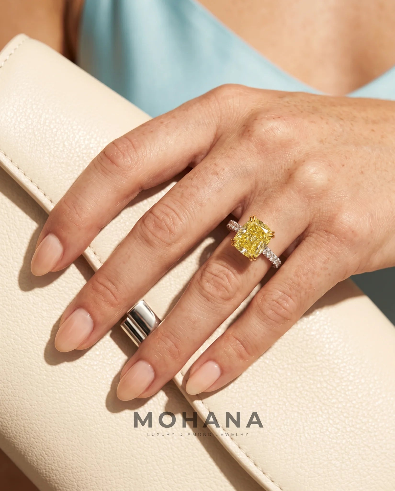 Ready to Ship 3 Carat Fancy Vivid Yellow Cushion Cut Two-Tone Pavé Diamond Ring — view 13