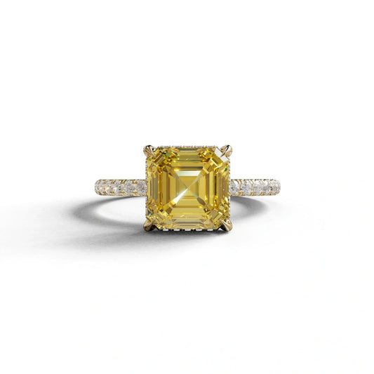 3 Carat Yellow Asscher Cut Hidden Halo & Pave Lab Grown Diamond Ring - 10K Solid Gold / Yellow Gold