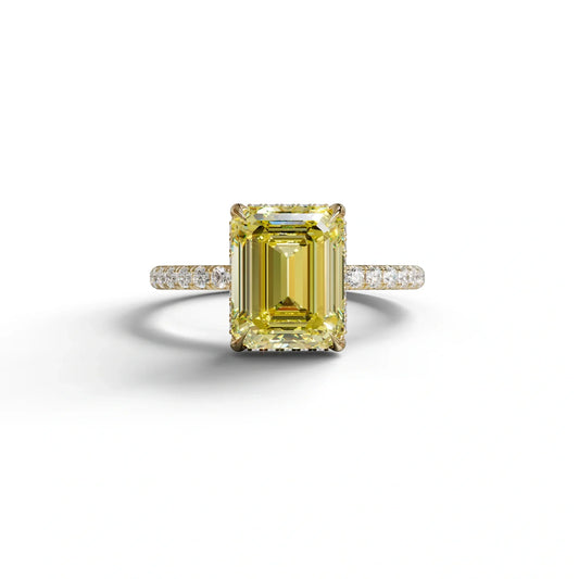 3 Carat Yellow Emerald Cut Lab Diamond In Hidden Halo & Pave Setting Ring - 10K Solid Gold / Yellow Gold