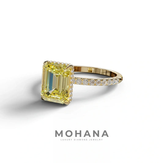 3 Carat Yellow Emerald Cut Lab Diamond In Hidden Halo & Pave Setting Ring