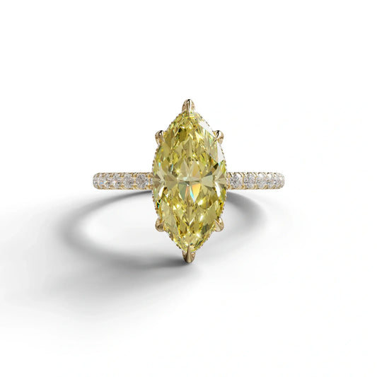 3 Carat Yellow Marquise Cut Lab Diamond In Hidden Halo & Pave Setting Ring - 10K Solid Gold / Yellow Gold
