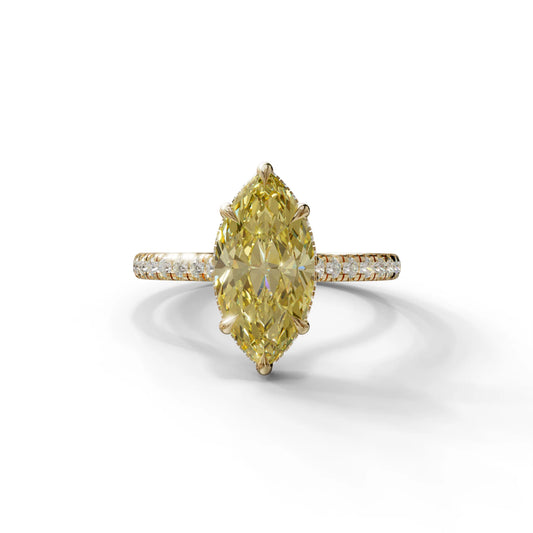 3 Carat Yellow Marquise Cut Hidden Halo & Pave Set Lab Diamond Ring - Eblouissant - 10K Solid Gold / Yellow Gold