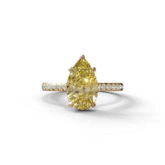 3 Carat Yellow Pear Cut Hidden Halo & Pave Set Lab Diamond Ring - Eblouissant - 10K Solid Gold / Yellow Gold