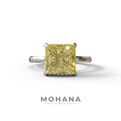 3 Carat Fancy Yellow Princess Cut Hidden Halo Lab Grown Diamond Engagement Ring - 10K Solid Gold / White Gold