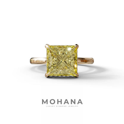 3 Carat Fancy Yellow Princess Cut Hidden Halo Lab Grown Diamond Engagement Ring - 10K Solid Gold / Rose Gold