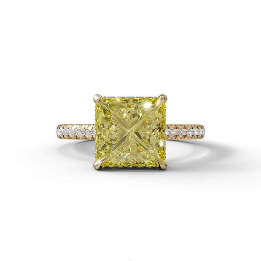 3 Carat Fancy Yellow Princess Cut Hidden Halo Lab Grown Diamond Engagement Ring - 10K Solid Gold / Yellow Gold