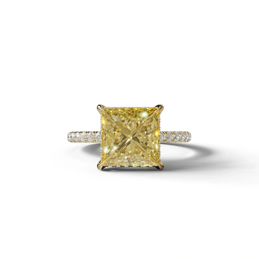 3 Carat Yellow Princess Cut Hidden Halo & Pave Lab Diamond Ring - 10K Solid Gold / Yellow Gold