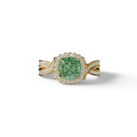 3 Carat Green Cushion Cut Lab Grown Halo Diamond Engagement Ring - Odessa - 10K Solid Gold / Yellow Gold
