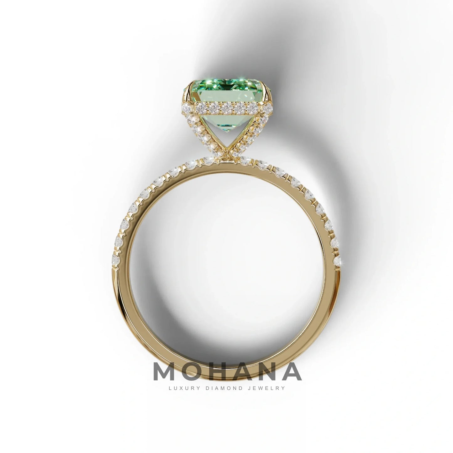 3 Carat Green Emerald Cut Lab Diamond In Hidden Halo & Pave Setting Ring