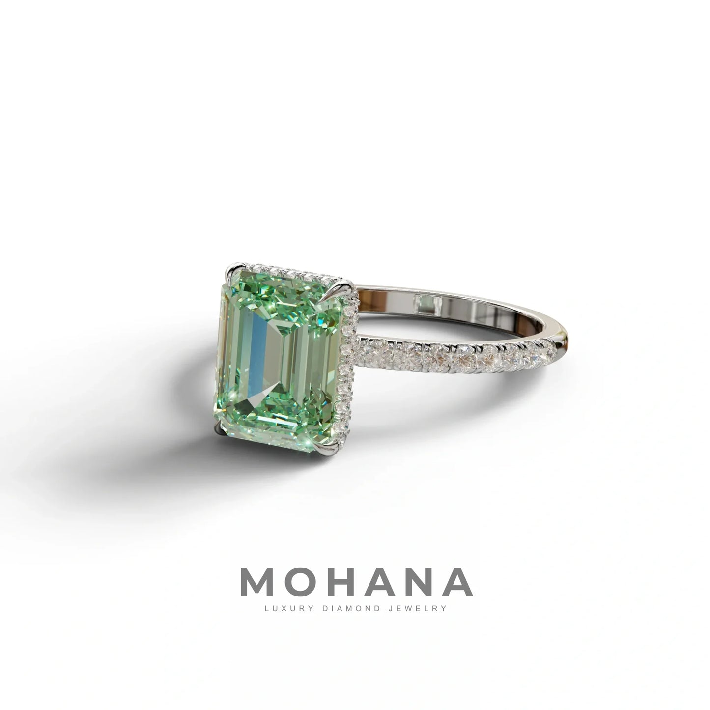 3 Carat Green Emerald Cut Lab Diamond In Hidden Halo & Pave Setting Ring