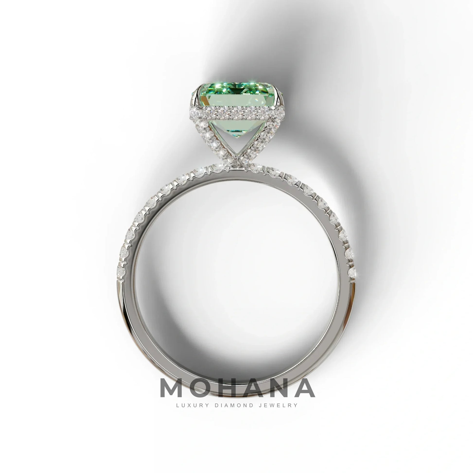 3 Carat Green Emerald Cut Lab Diamond In Hidden Halo & Pave Setting Ring