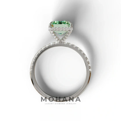 3 Carat Green Emerald Cut Lab Diamond In Hidden Halo & Pave Setting Ring