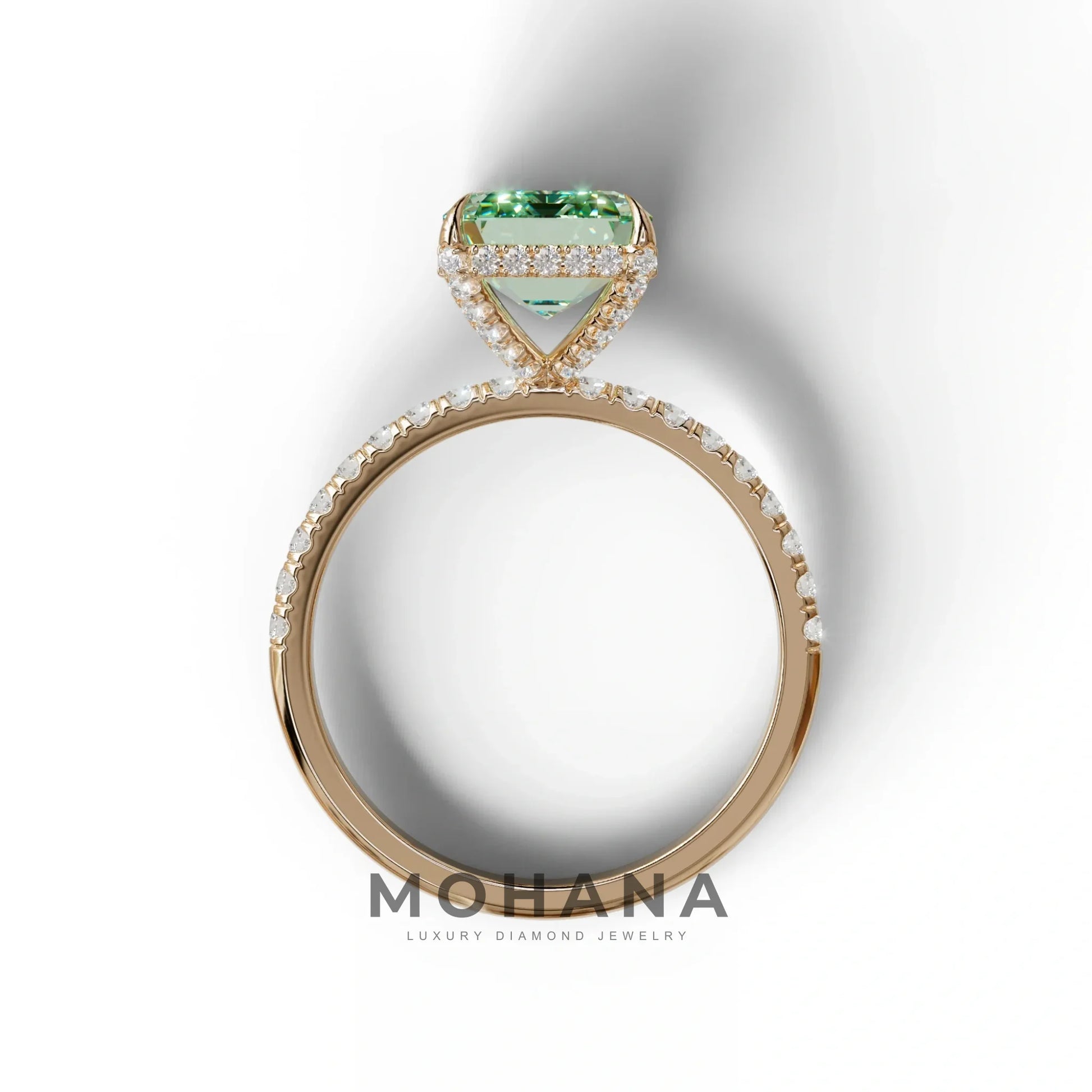 3 Carat Green Emerald Cut Lab Diamond In Hidden Halo & Pave Setting Ring