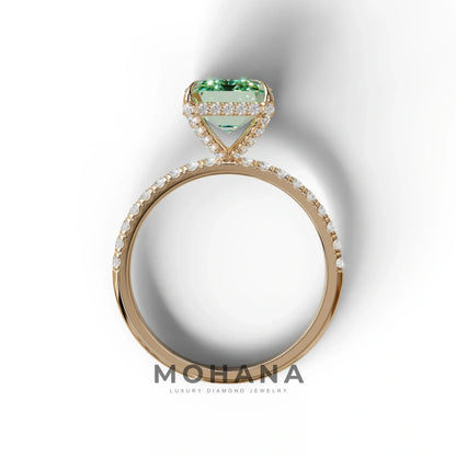 3 Carat Green Emerald Cut Lab Diamond In Hidden Halo & Pave Setting Ring