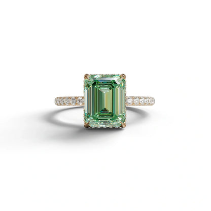 3 Carat Green Emerald Cut Lab Diamond In Hidden Halo & Pave Setting Ring - 10K Solid Gold / Rose Gold