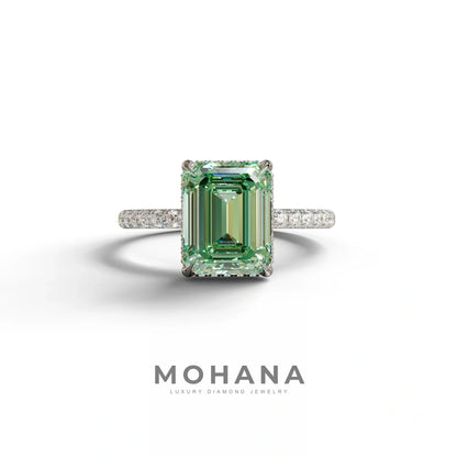 3 Carat Green Emerald Cut Lab Diamond In Hidden Halo & Pave Setting Ring - 10K Solid Gold / White Gold