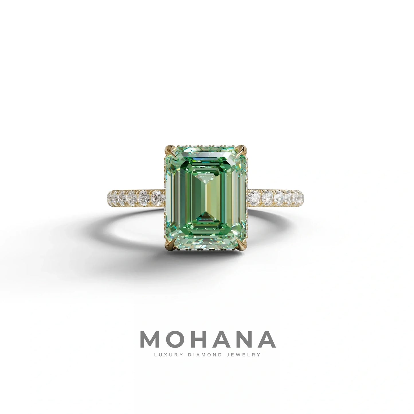 3 Carat Green Emerald Cut Lab Diamond In Hidden Halo & Pave Setting Ring - 10K Solid Gold / Yellow Gold