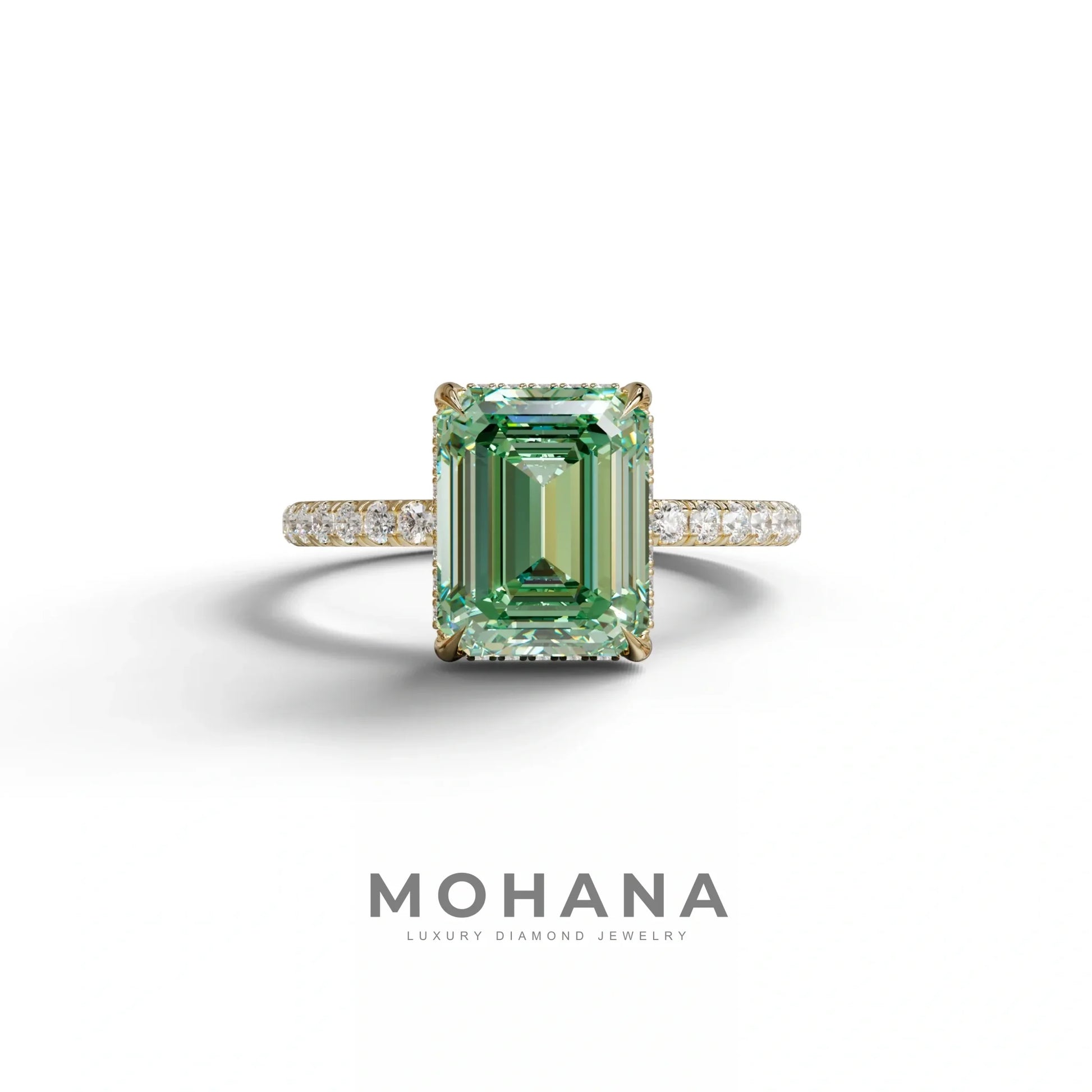 3 Carat Green Emerald Cut Lab Diamond In Hidden Halo & Pave Setting Ring - 10K Solid Gold / Yellow Gold