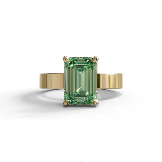 3 Carat Green Emerald Lab Grown Diamond Solitaire Engagement Ring - Zulu - 10K Solid Gold / Yellow Gold