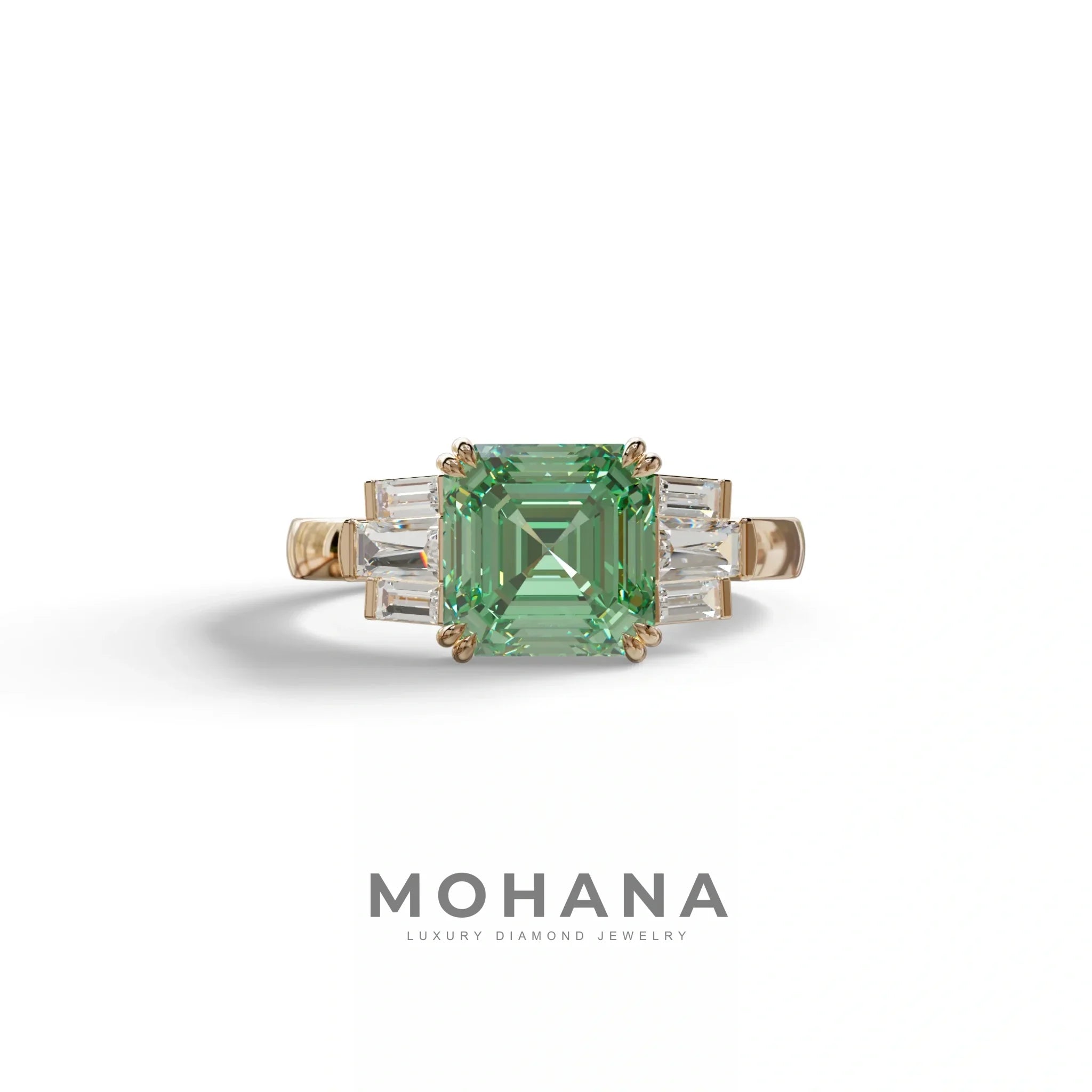 3 Ct Green Asscher Cut Lab Diamond Double Claw Prong Setting - Celestial - 10K Solid Gold / Rose Gold