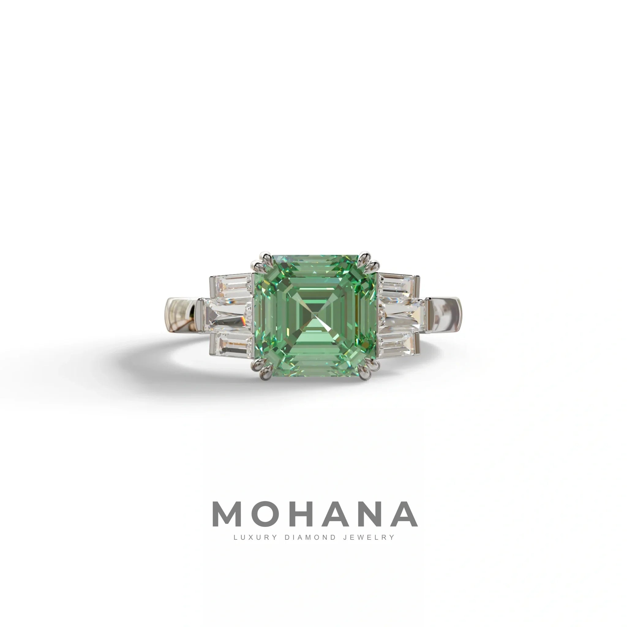 3 Ct Green Asscher Cut Lab Diamond Double Claw Prong Setting - Celestial - 10K Solid Gold / White Gold