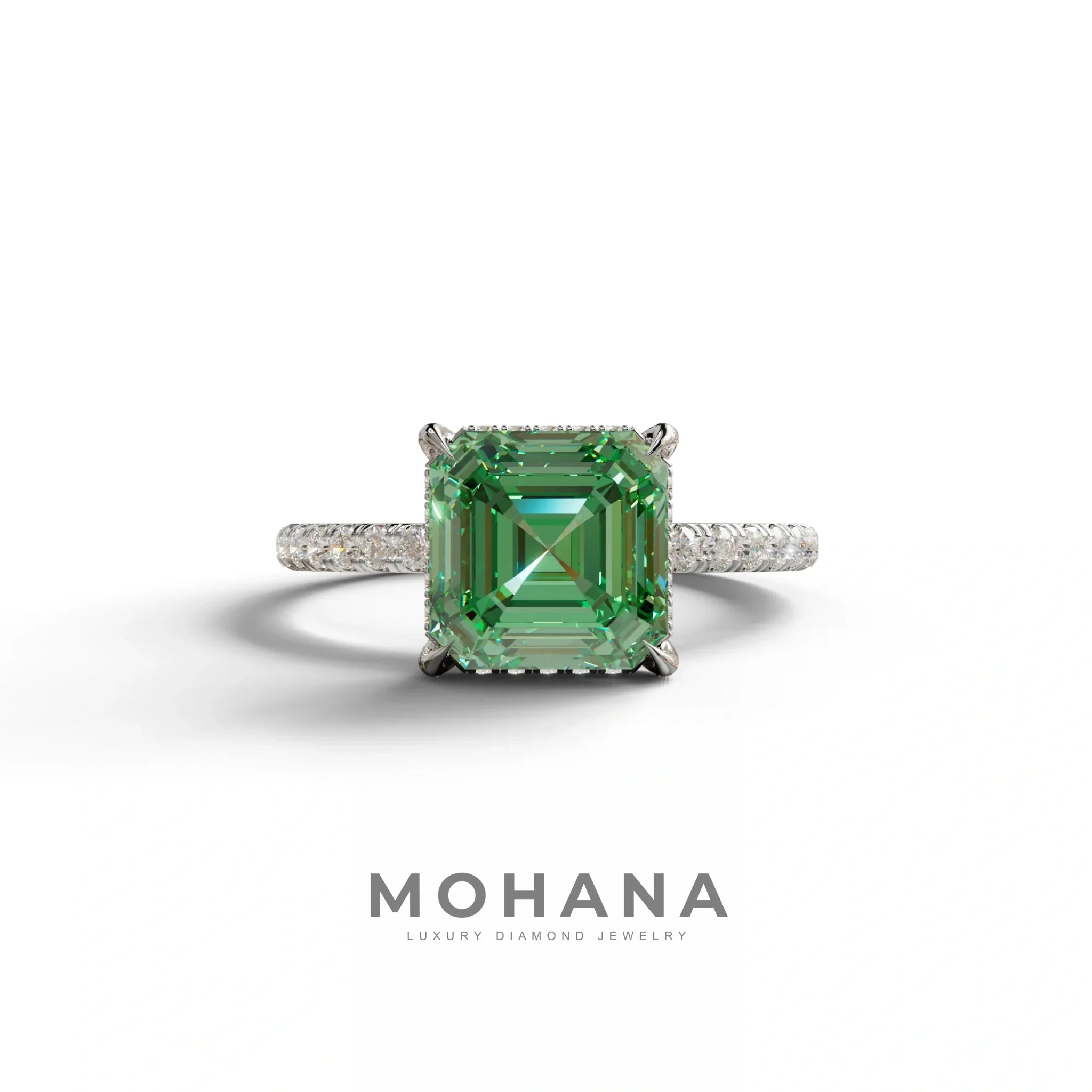 3 Carat Green Asscher Cut Hidden Halo & Pave Lab Grown Diamond Ring - 10K Solid Gold / White Gold
