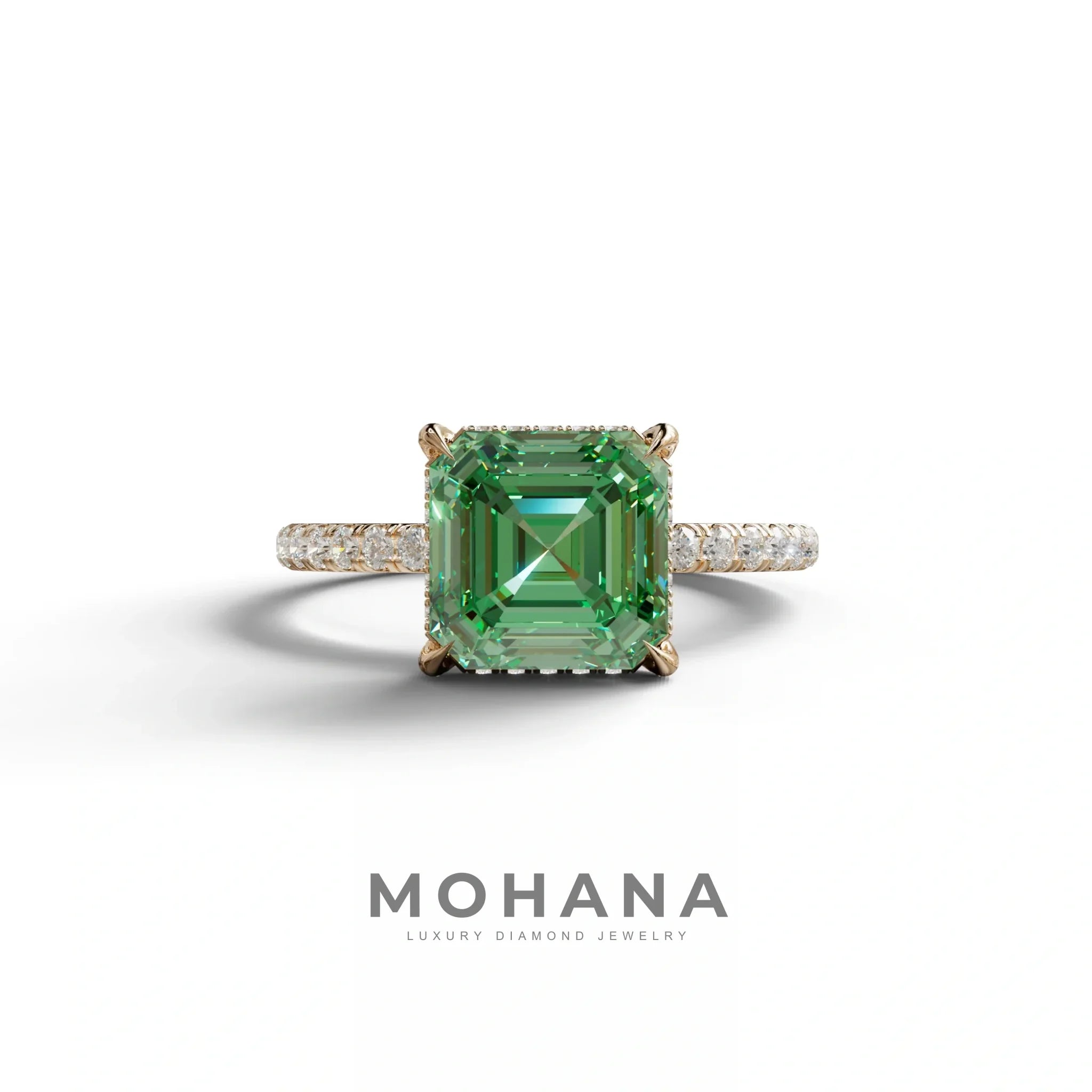3 Carat Green Asscher Cut Hidden Halo & Pave Lab Grown Diamond Ring - 10K Solid Gold / Rose Gold